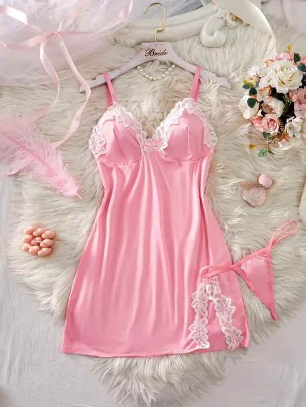 Conjunto de lingerie feminina, camisola de renda, roupa de dormir sólida, slim, macia, roupa de dormir e tanga — image 9
