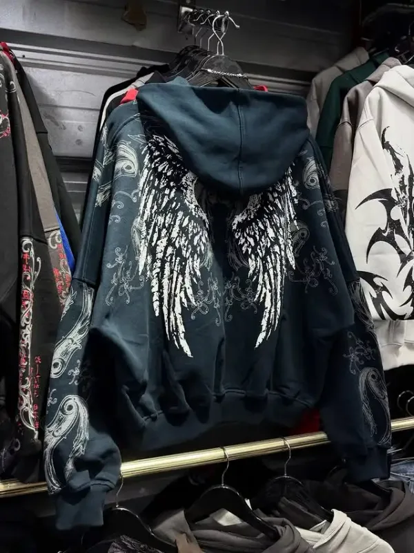 Mens Zip Up Hoodie Azul Escuro Asas Imprimir Gráfico Exclusivo Y2K Streetwear Americano Urbano Pulôver Roupas Juvenis Moletom Com Capuz — image 4