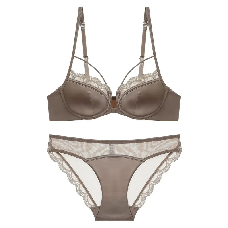 Smooth Thin Cup Front Closure Bra Briefs Set Underwear with Lace Trim Push-up Backless Bra Women Brassiere Sexy Female Lingerie — image 2
