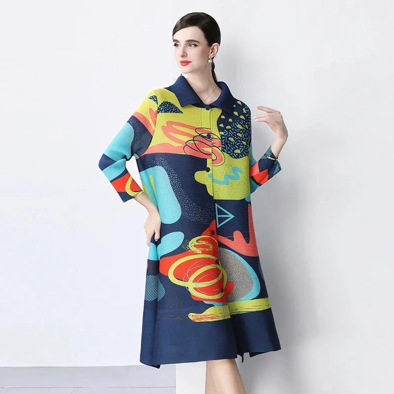 Miyake plissado drape vestido feminino 2024 primavera verão colorblock impressão lapela 3/4 manga único breasted moda camisa vestidos — image 7