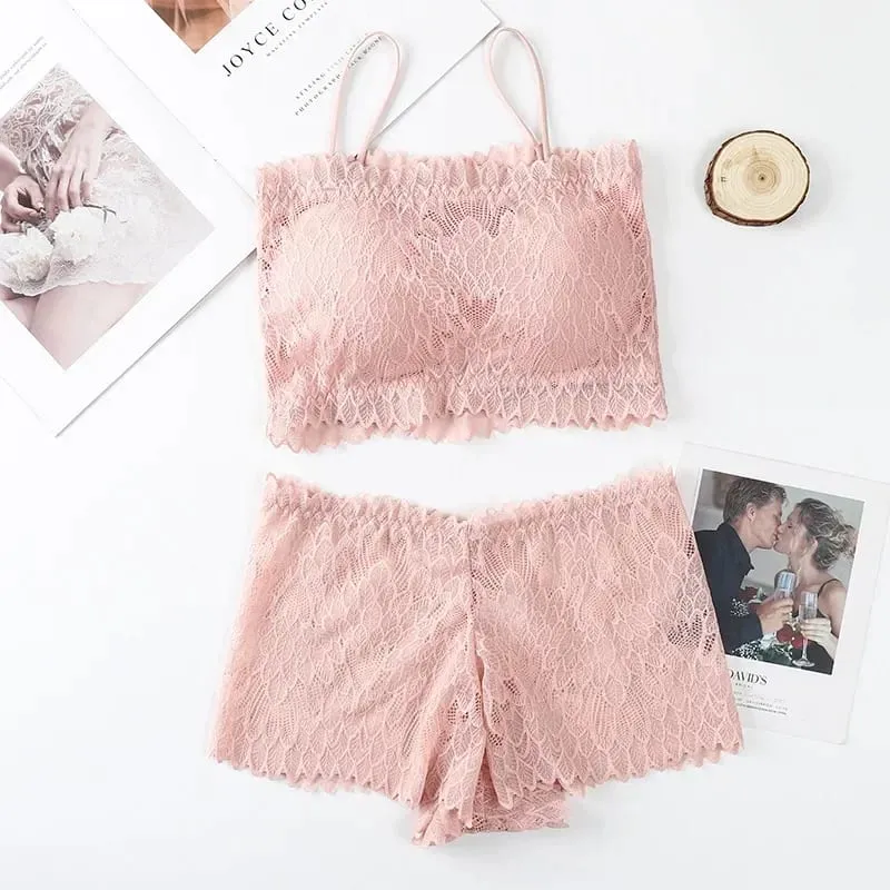 Women Lace Tube Bra and Panty Set Wireless Underwear Summer Padded Bralette Female Sexy Lingerie Low Rise Briefs — image 9