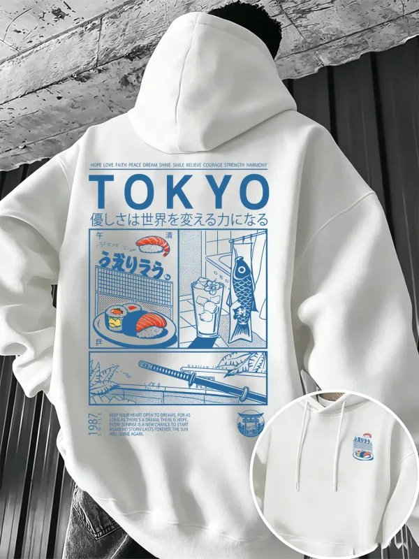 Loose-fit Men's Hooded Sweatshirt Tokyo-style Japanese Cuisine Woodblock Print Multi-panel Japanese-style Printed Pullover Top