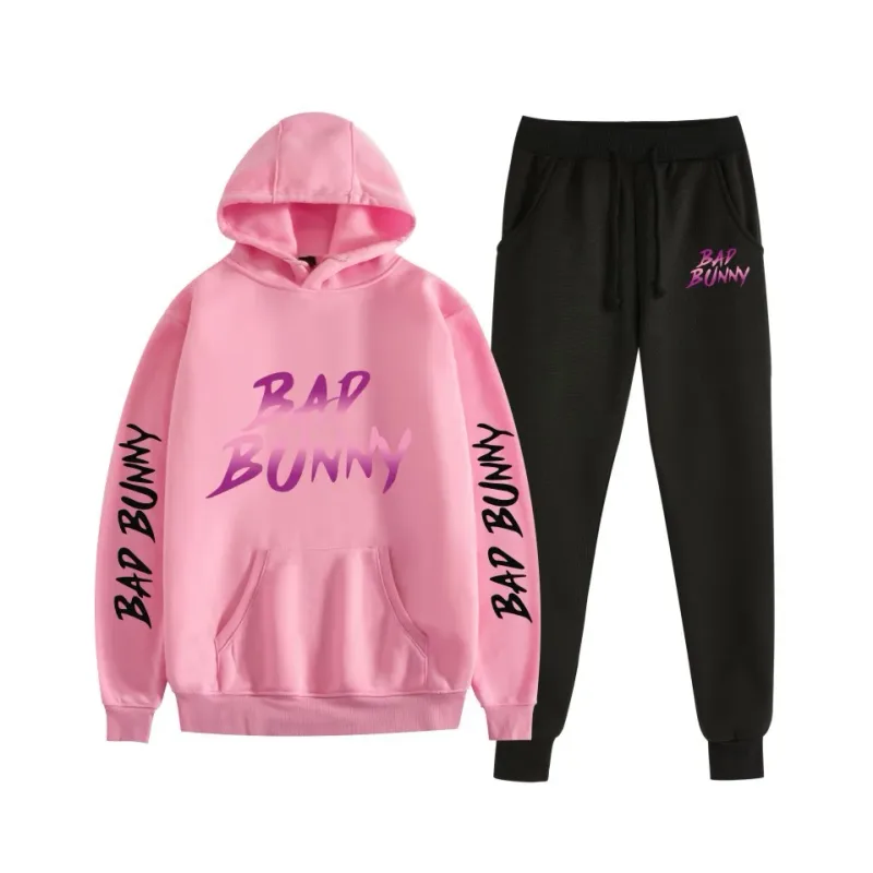 Harajuku Bekväm bad bunny Tryck Sweatshirt Träningsbyxor Kostym Dam Luvtröjor+ Byxor Kostym Pojkar/Flickor 2-delat set Kläder — image 24