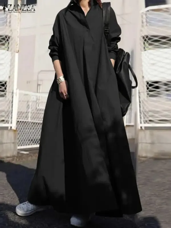 Vestido feminino outono manga comprida camisa vestido solto oversized maxi kaftan mulher lapela sólida meio botão a linha vestido de verão — image 7