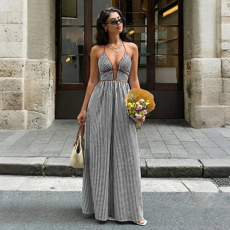 2026 Summer New Style Deep V-neck Striped Beach Dress Sexy Backless Sleeveless Neckline Long Dress — image 8