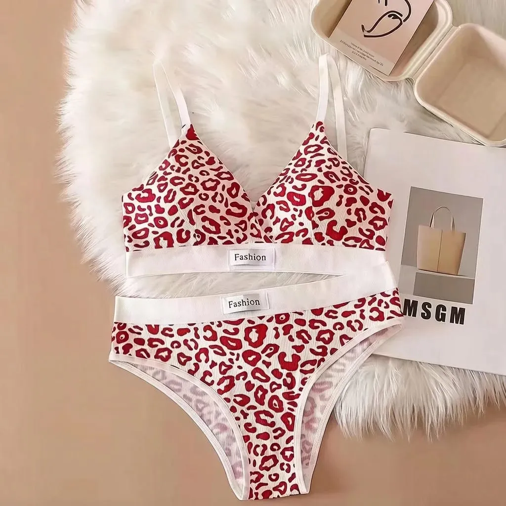 Low Waist Leopard Print Bra and Panty Lingerie Set Comfortable Daily Wear Soft Underwear Two Piece Intimate Apparel