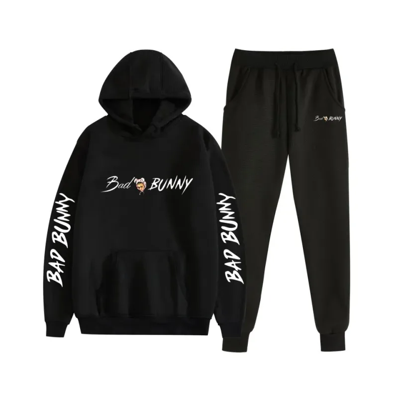 Harajuku Bekväm bad bunny Tryck Sweatshirt Träningsbyxor Kostym Dam Luvtröjor+ Byxor Kostym Pojkar/Flickor 2-delat set Kläder — image 39