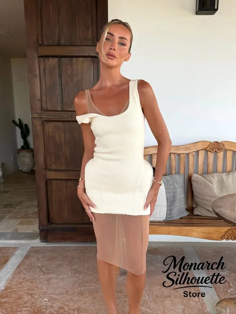 Sólido malha u pescoço malha mini vestido feminino chique sem mangas com nervuras tanque minimalista magro vestidos curtos senhora clube 2026 vestido de chegada — image 3