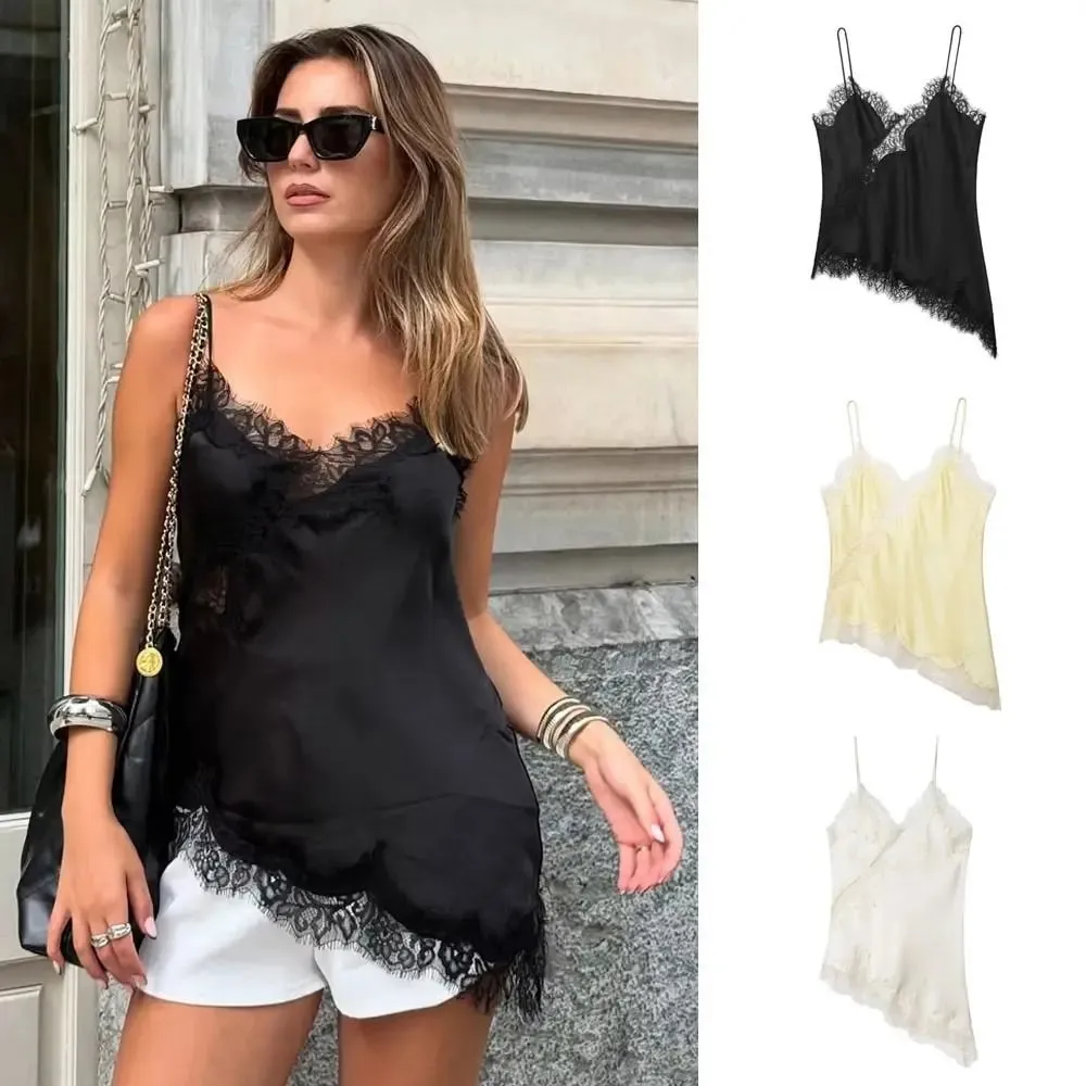 Elegant asymmetrisk spets spets patchwork topp ärmlös rygglös camisole toppar V-hals Sexig spets dam linne sommarkläder