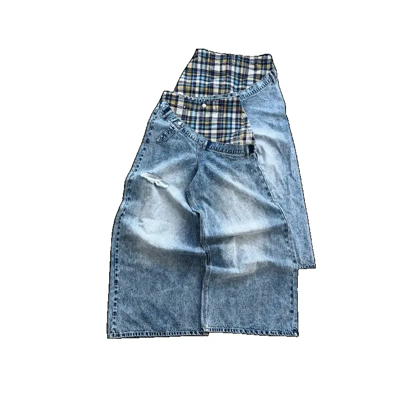 Y2k Harajuku Baggy Jeans Retro Plaid Patchwork Men And Women Wide Leg Pants American Hip Hop Streetwear Casual Jeans — image 8