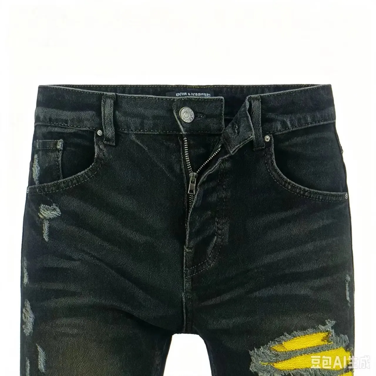 Men's Dark Blue Retro Slim Fit Jeans Street Fashion Tapered Pants with Perforated Patch Ripple Splicing Elastic Brand Y2 — image 3