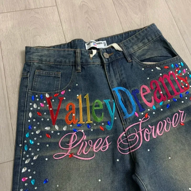 2026 Latest Style VALLEY Shiny Diamond Logo Denim Shorts Vintage Washed Men Women High Quality Fashion Skinny Jeans — image 2