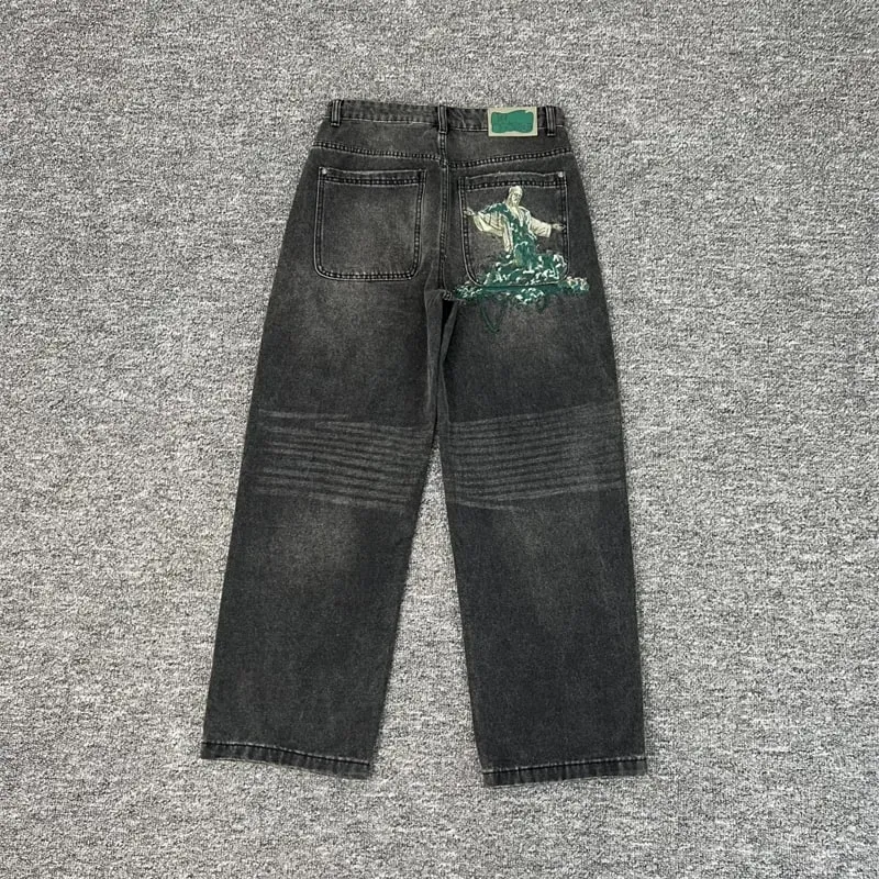 Heavy Embroidery Flowers Derschutze Mens Jeans Men Women 1:1 Best Quality Vintage Derschutze Womens Straight-leg Denim Pants