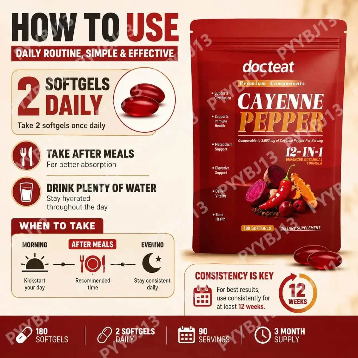 Docteat Cayenne Pepper Softgels na may Vitamin D3 at K2 Energy Metabolism at Digestive Support Antioxidant Defense 180 Softgels — image 5