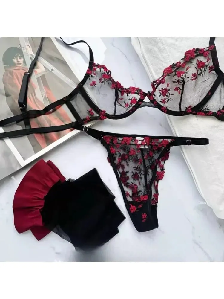 French Luxury Lingerie Set - Sexy Floral Embroidery Black Bra & Panty Set Sheer Transparent Seductive Women's Intimates — image 4