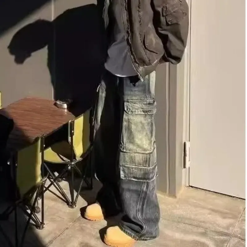 Men's Jeans Loose Fit Cargo Straight Leg Pants Vintage Wash Work Pocket Denim Trouser Man Pants Autumn Retro Streetwear — image 2