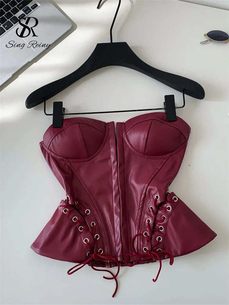 PU Leather Sensual Club Bustier Strapless Slim Lace Up Shirred Backless Camis Female Edgy Streetwear Fashion Tank Tops — image 5