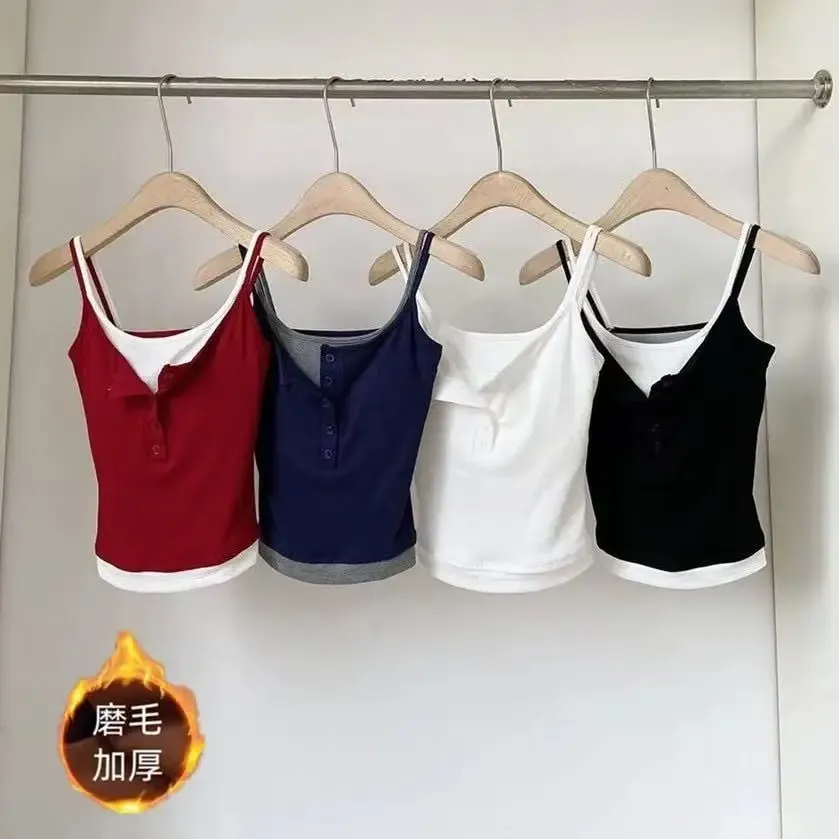 Fashion Fake Two Piece Camisole for Woman Spring Autumn Short Slim Fit Chest Pad Tank Women Korean Street Spicy Girl Clothes — image 4