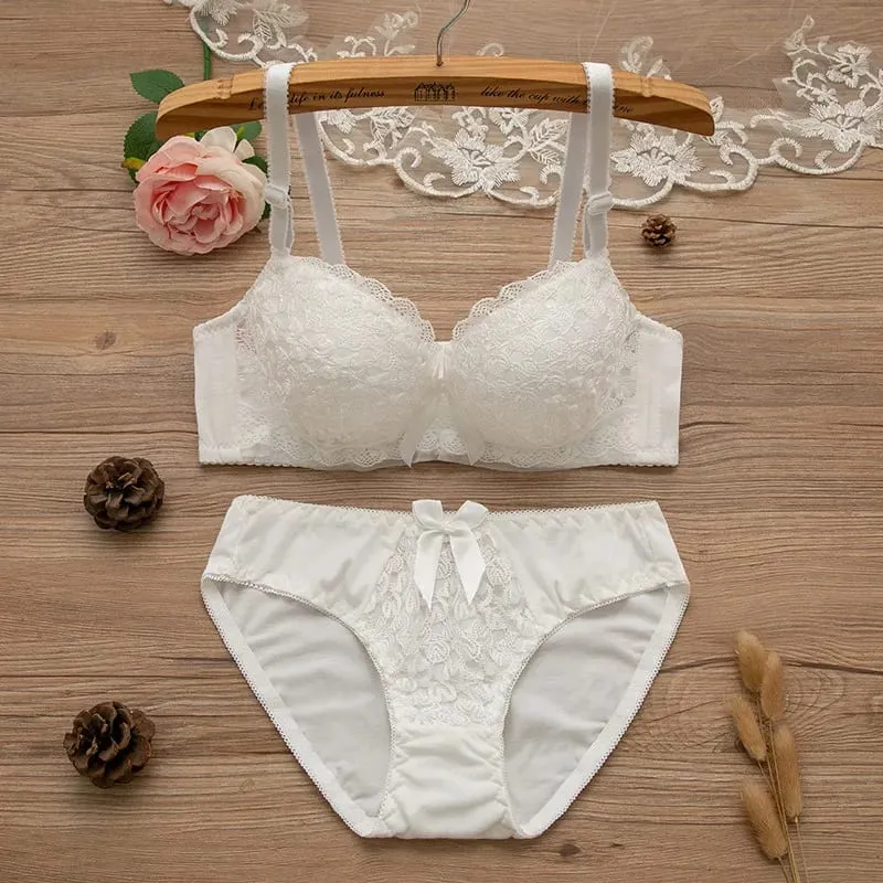 Women 2Pcs Intimates Set Sweet Peach Contrast Lace Floral Bow Underwire Bra Soft Cotton Mid Waist Panties Daily Comfort Lingerie