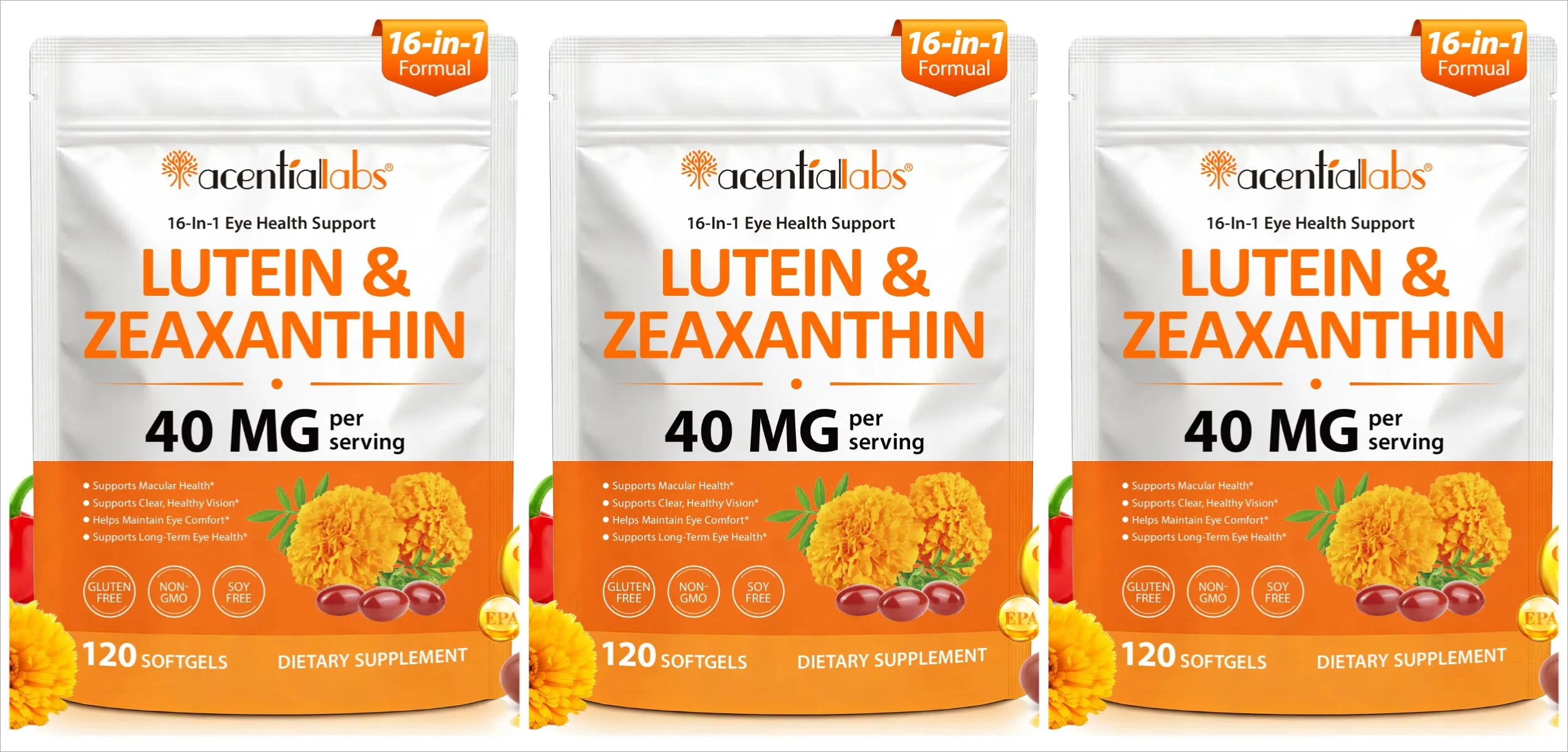 Acentiallabs Lutein Zeaxanthin Softgels 40mg Lutein & 8mg Zeaxanthin 120 Count Blue Light Filter Makulaskydd Ögonvård — image 9