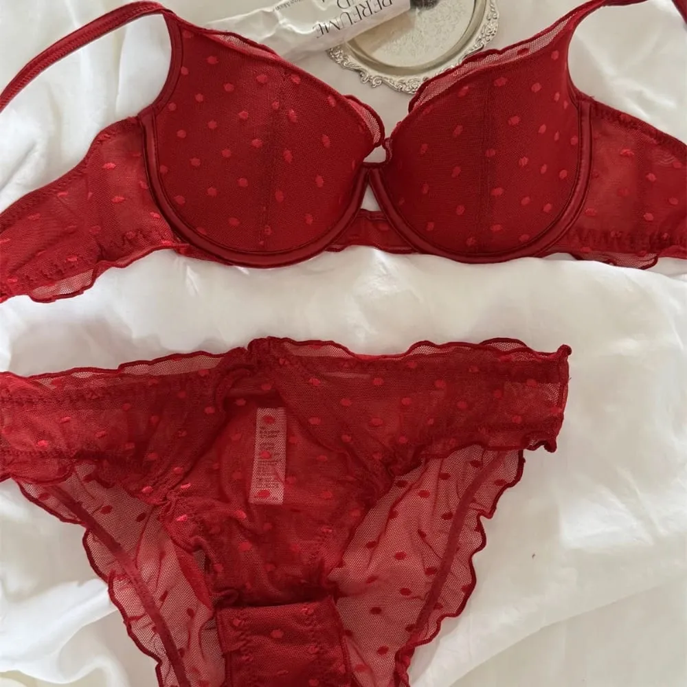 French Lace Women Underwear Sexy Hollow Thin Cup Push Up Bra Fashion Ladies Romantic Lingerie 4 Color Bras With Mesh Panties Set — image 3