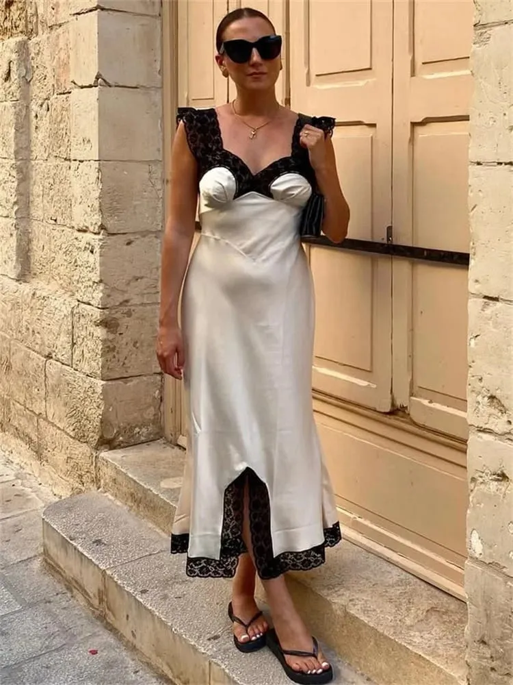 Tossy Fashion Satin Lace Long Dress Women V-Neck Patchwork Hollow Out Walang manggas na Lace-Up Dress Panggabing Pambabae Autumn Maxi Dress — image 4