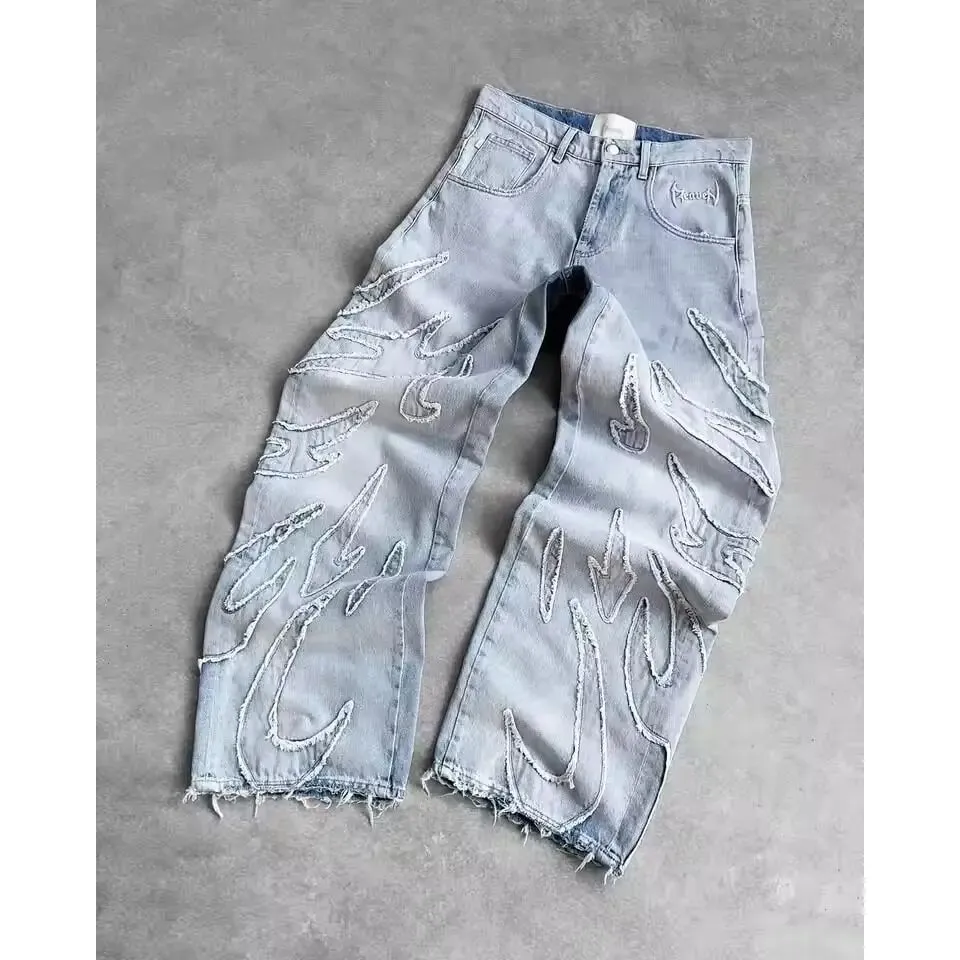 Streetwear Black Denim Wide Leg Jeans Featuring Oversized Letter Embroidery and Distressed Baggy Jeans Fit Gothic Hip Hop Pants