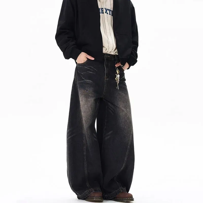 Spring New Men'S Jeans Wide Leg Pants Loose Machete Jeans Vintage Lightning Cracked Denim Trousers