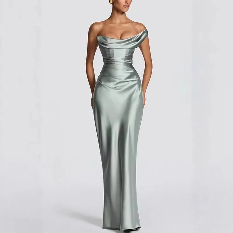Fashion Women's Satin One Shoulder Long Dress Bandage Pleated Backless Sleeveless Dresses 2026 Summer Lady Party Evening Robes
