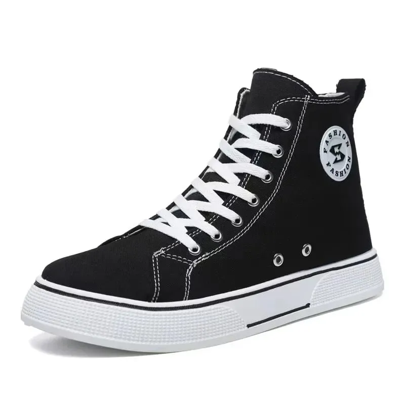 New Black High-top Canvas Mens Shoes Breathable Soft Bottom Non-slip Lace-up Casual Board Sneakers for Daily Streetwear Sneakers