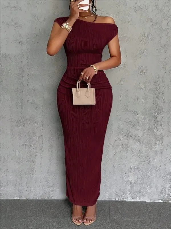 Mode Vatten Ripple Sned Shoulder Dress Dam Elegant och Enkel Enfärgad A-linje krage Mellan midjan Sexig höftomlott kjol