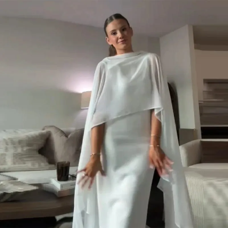 Elegante branco xale fino ajuste maxi vestido feminino elegante capa manga em torno do pescoço bodycon vestido 2026 senhora verão chique festa robes — image 6