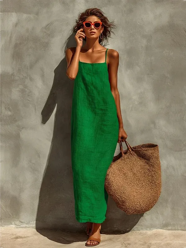 2026 Summer Women Cotton Linen Spaghetti Strap Maxi Dress Solid Color Loose Sleeveless Slip Long Dress Bohemian Beach Vacation S — image 7