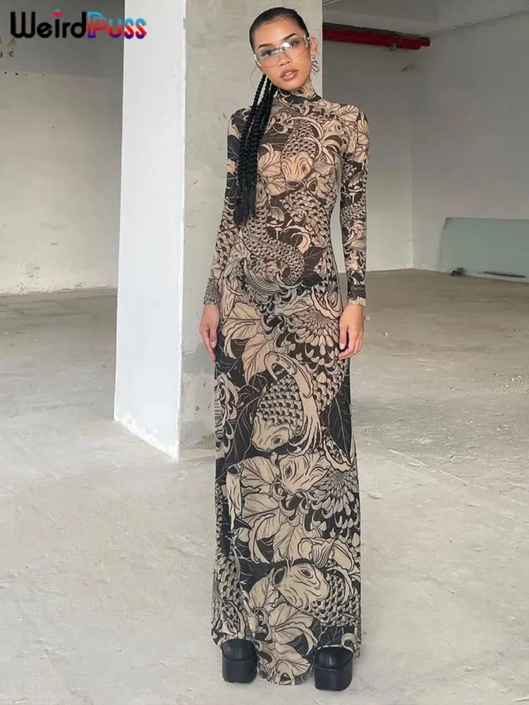 Weird Puss Mesh Print Women Maxi Dress Turtleneck Full Sleeve Bodycon Autumn Trendy Hipsters High Street Party Y2K Attirewear — image 3