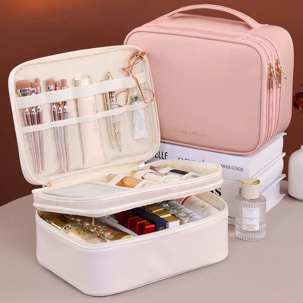 Multiple Compartments Large Capacity Cosmetic Organizer Case Portable Travel Toiletry Bag Double Layer Detachable Makeup Bag — image 1