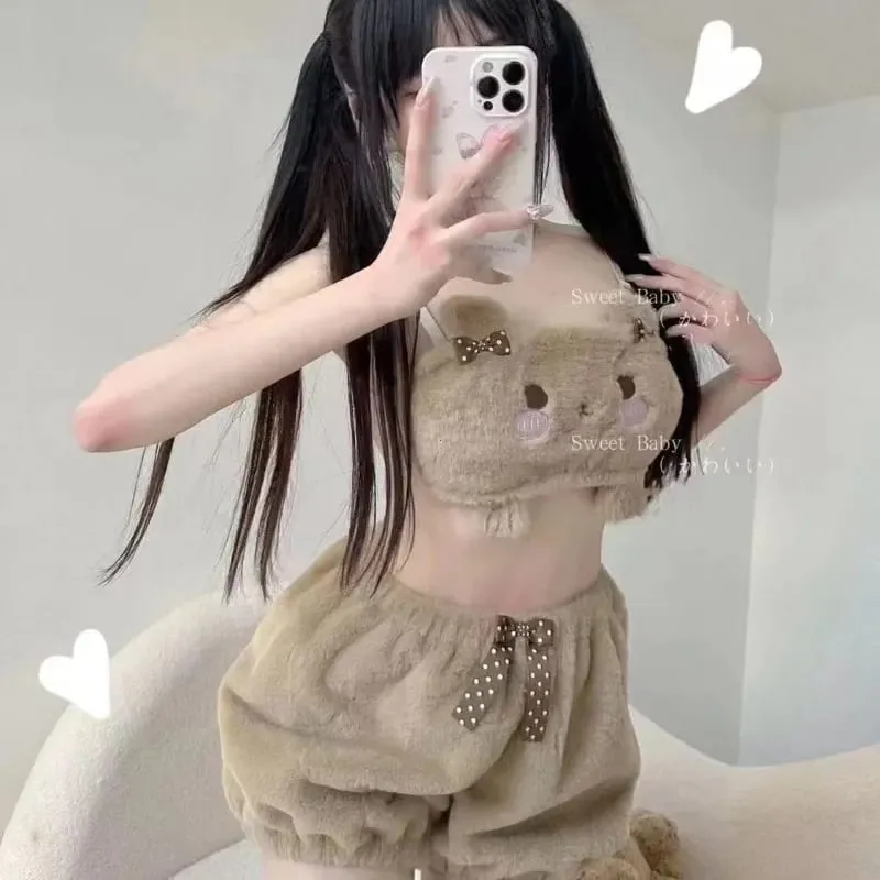 N1 Plush Bear Winter Warm Bra Set Japanese Girl Soft Sweet and Cute Cartoon Pumpkin Pants Students Plush Sexy Bras Wireless Thin — image 5