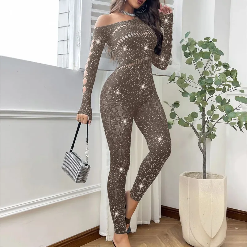 Women Sexy Mesh Rhinestone Jumpsuit Long Sleeve See Through High Stretch Body Stockings Jumpsuit Club Plus Size Stock Lingerie