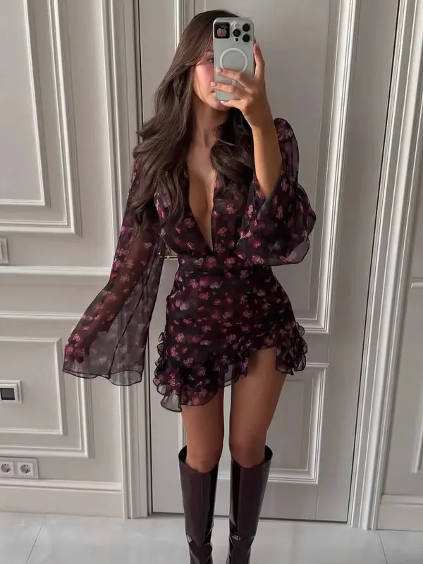 Elegante flora pintado plissado mini vestido feminino sexy manga cheia profundo decote em v magro curto robe 2026 verão nova senhora festa clube usa