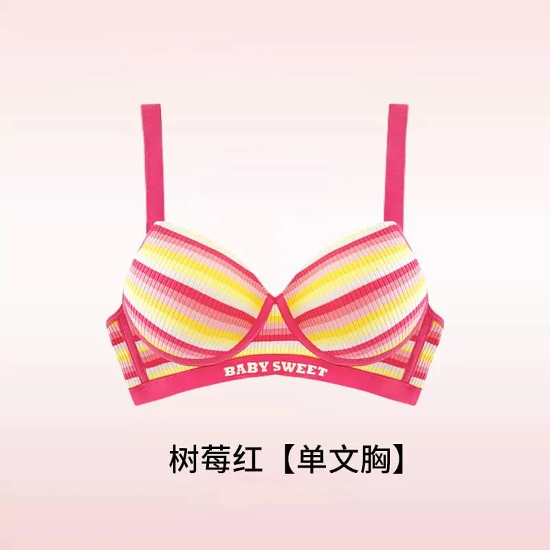 Stripe Women's Bra Set Gathered Anti-Sagging Small Chest Side Breast Reduction Underwear Cute Style Nylon — image 7
