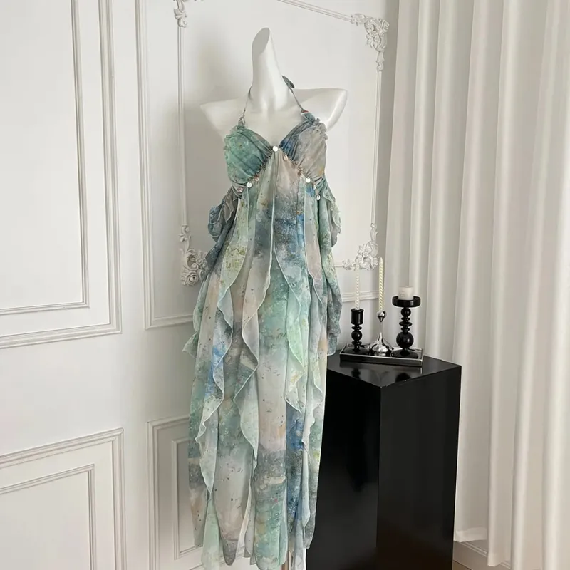 2025 elegante halter pescoço babados maxi vestido feminino azul verde floral impressão boêmio design praia férias casual vestido de festa novo