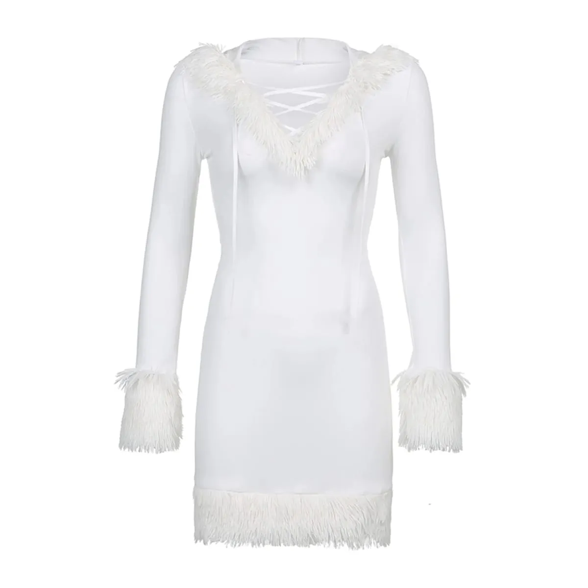 Vestido curto feminino com acabamento de pelúcia, manga comprida, gola em v, moletom com capuz, vestido gótico punk, roupa de balada — image 3