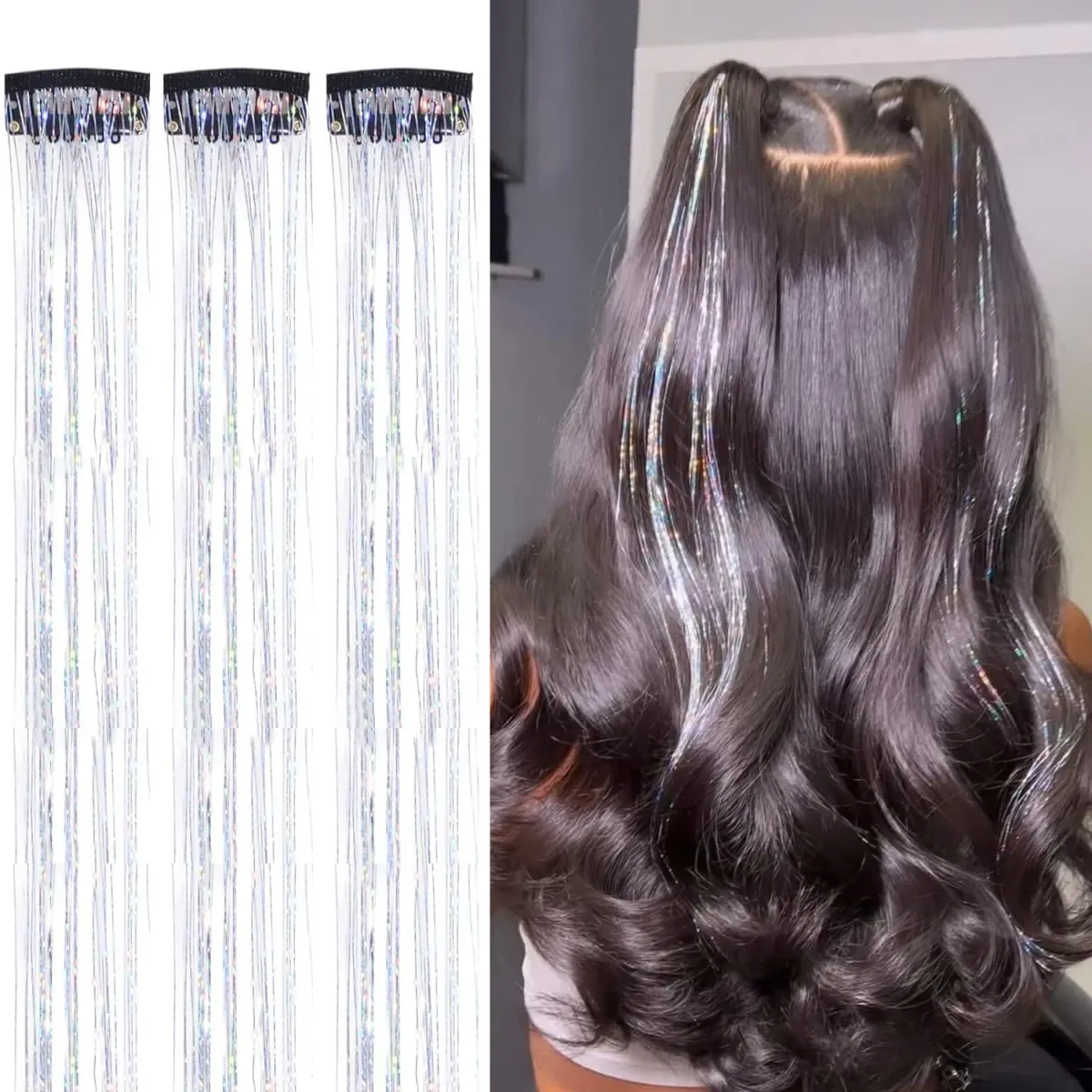 Hair Tinsel Clip in Dreamy Colorful Fairy Hair Tinsel Kit 24 Inch Glitter Clip in Hair Extensions for Girls Women Synthetic — image 7