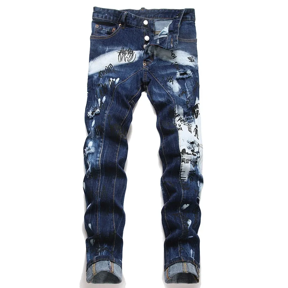 Men Letters Printed Denim Jeans Holes Ripped Patchwork Spliced Pants Button Fly Slim Tapered Stretch Trousers