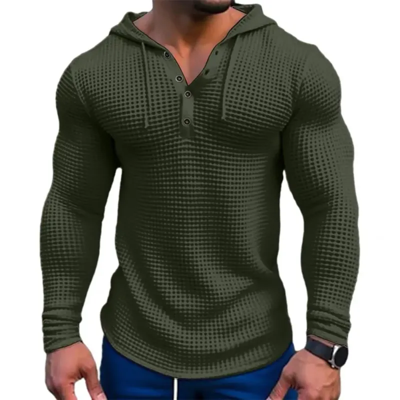Våren Enfärgad Slim Fit Långärmad T-shirt Herr Huva Andas Sport Topp Våffel Bomull Casual Långärmad Skjorta