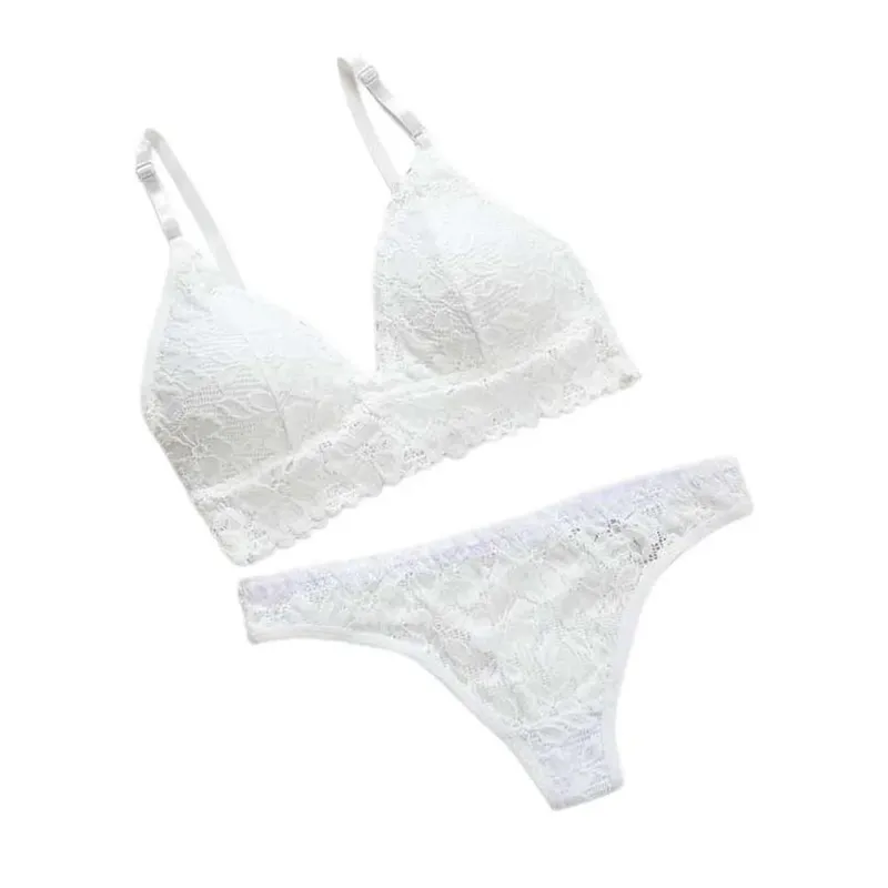 Underpants V Neck Lace Flower Bra Set Solid Color Low Waist Floral Panties Bra Kit T-Back Lingerie Lace Underwear Girls