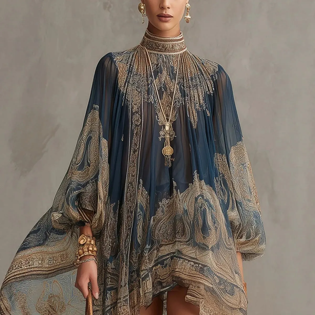 New European-style High-neck Printed Chiffon Dress with Loose Casual Vacation-themed Shawl Sleeves. — image 4
