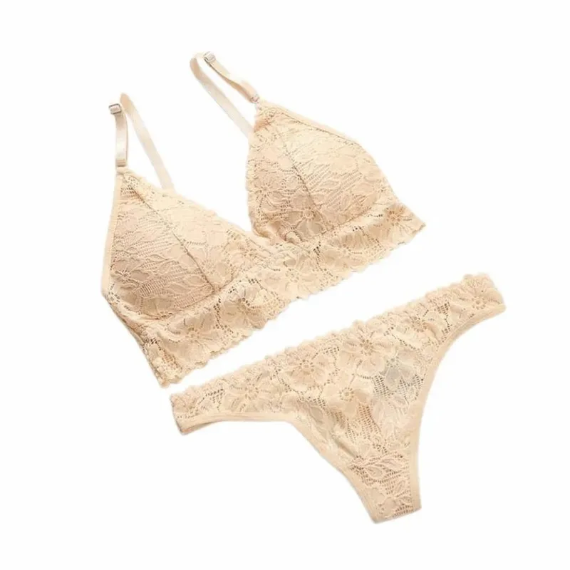Underpants V Neck Lace Flower Bra Set Thong Solid Color Floral Panties Bra Kit T-Back Lingerie Lace Underwear Girls — image 2
