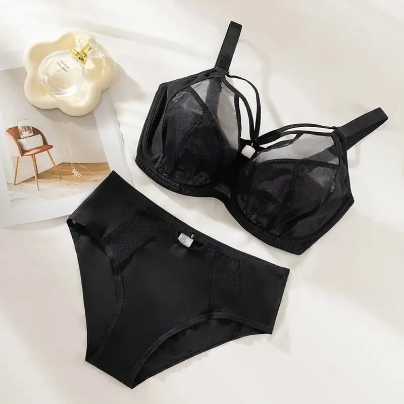 Plus Size Bra Set D-L Cup Minimizer Full Coverage Lingerie Anti Sagging Push Up Breathable Mesh High Waist Panties Women