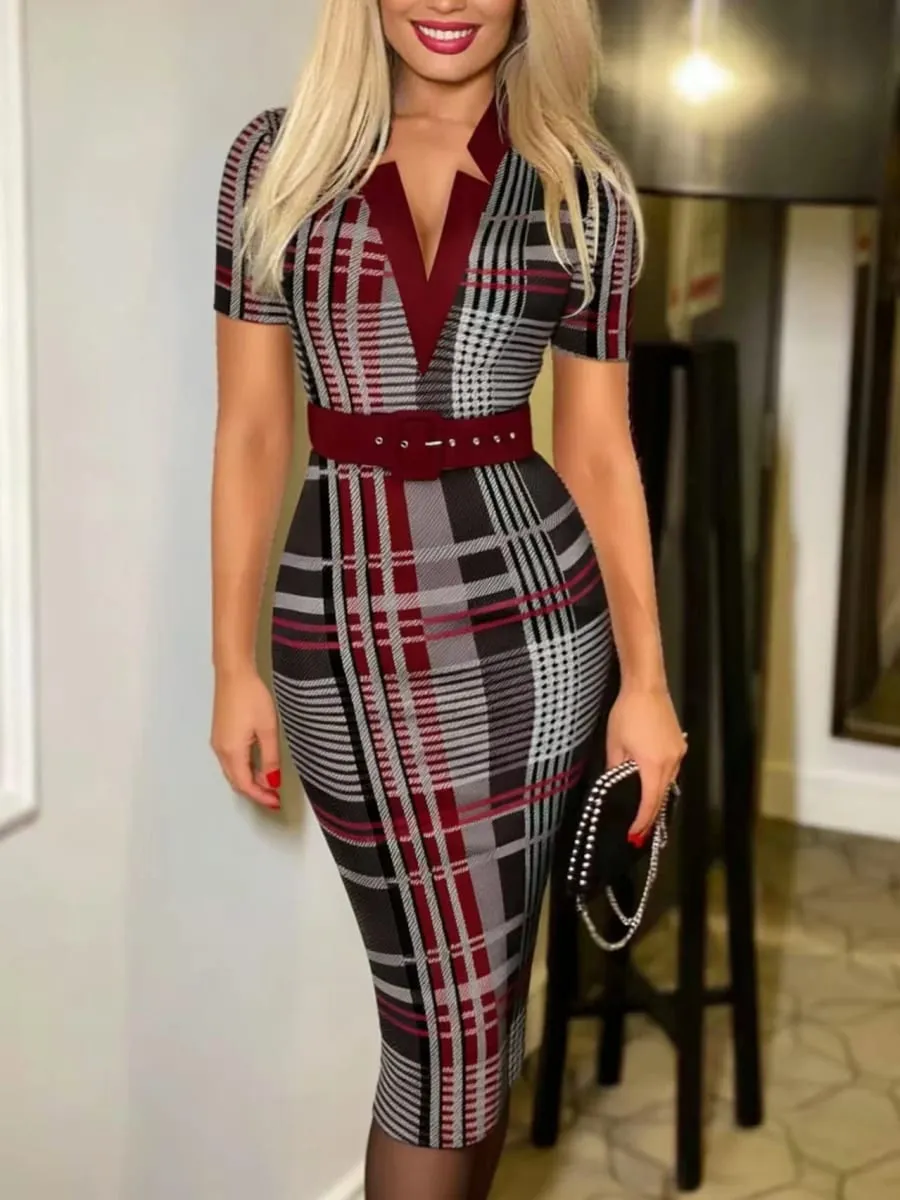 Sexig geometriskt mönster för kvinnor med v-ringad midi pennklänning med bälte Långärmad stickad Bodycon-klänning Lämplig för alla årstider — image 4