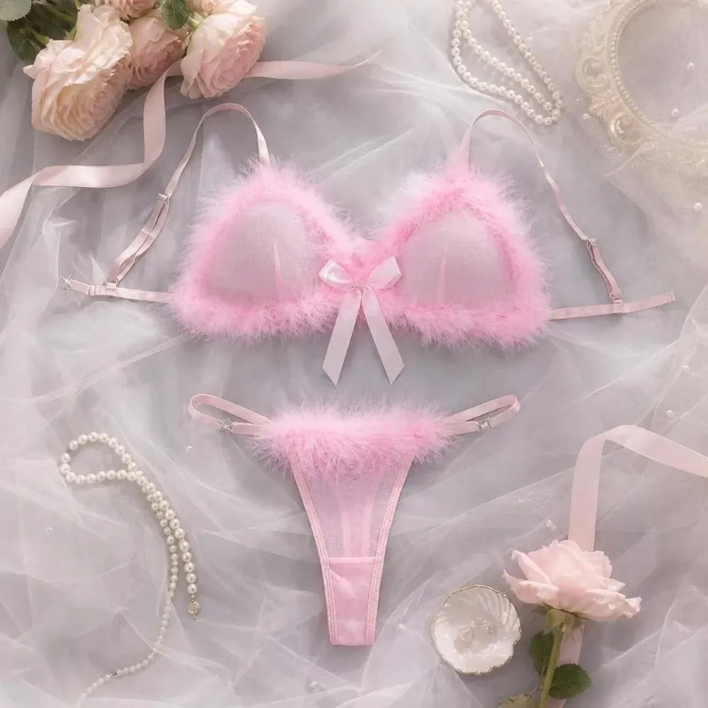 Sweet Furry Women's Underwear Mesh Transparent Bow Decor Lingerie Set Romantic Intimate Wireless Bra Panties Suit Anniversary — image 3